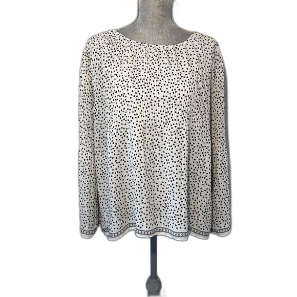 Max Studio Women’s Cream & Black Polka Dot Hearts Long Sleeved Pleated Top SZ L - Picture 1 of 13